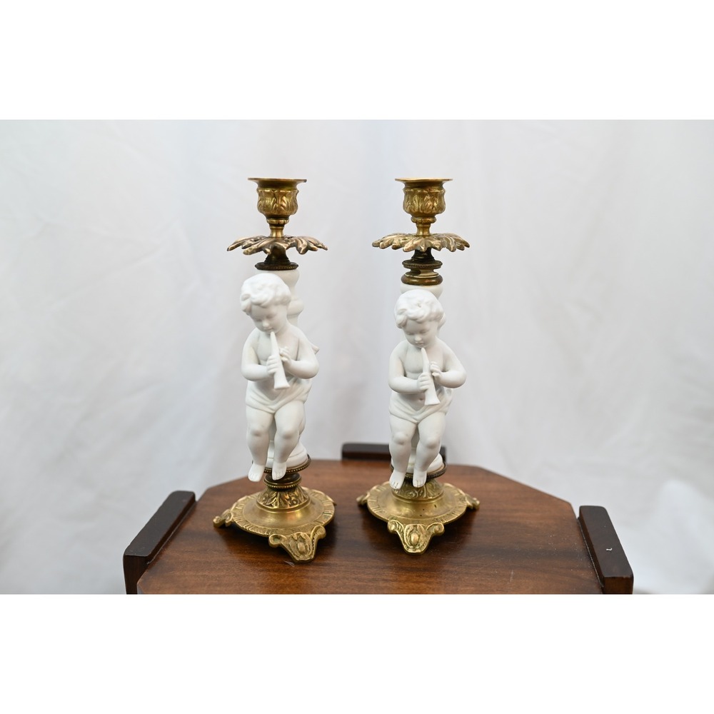 Vintage Cherub and Brass Candlestick Holders Set of Two 10" Tall Porcelain Angel